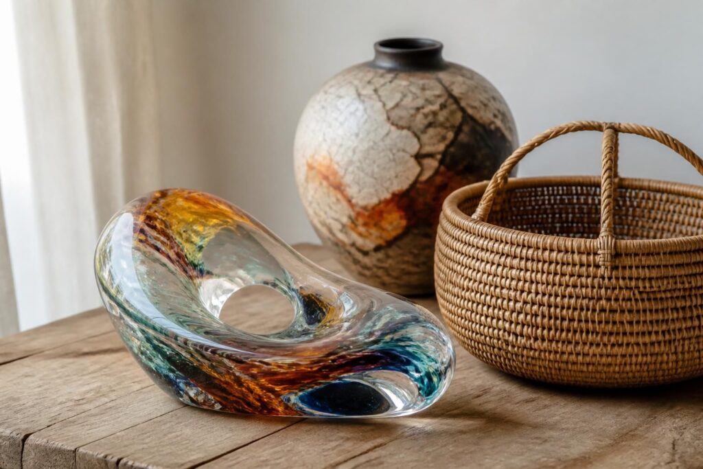 découvrez 'objet en r', une exploration unique de créations artistiques mêlant résine, rotin et raku pour des objets décoratifs authentiques et innovants.