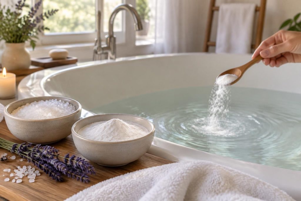 découvrez les bienfaits du sel d’epsom et du bicarbonate de soude, ainsi que leurs utilisations combinées pour le bain et les soins du quotidien.